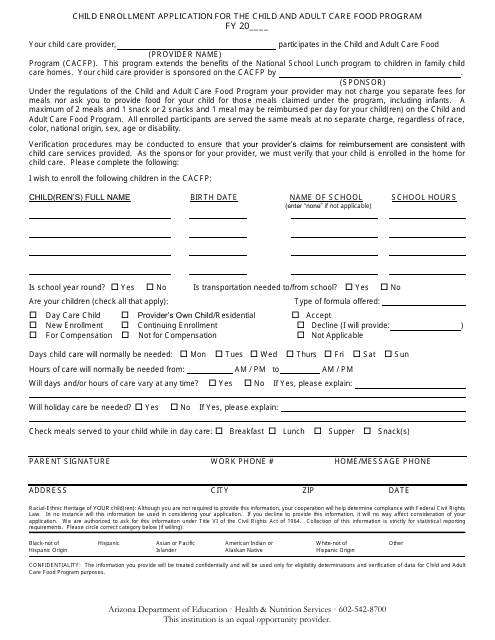 Child Enrollment Application for the Child and Adult Care Food Program - Arizona Download Pdf