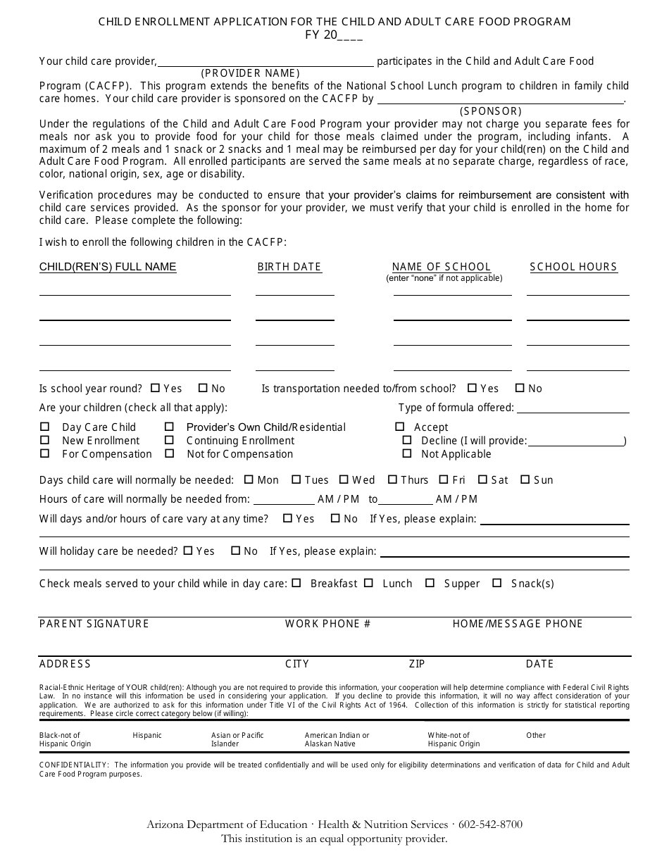 Arizona Child Enrollment Application for the Child and Adult Care Food ...