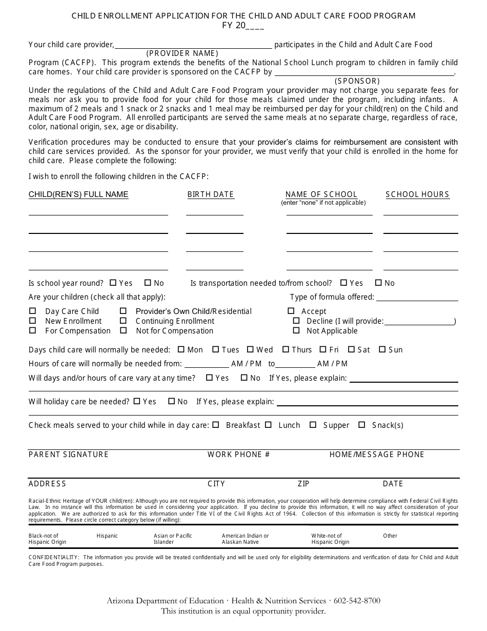 Child Enrollment Application for the Child and Adult Care Food Program - Arizona, Page 1
