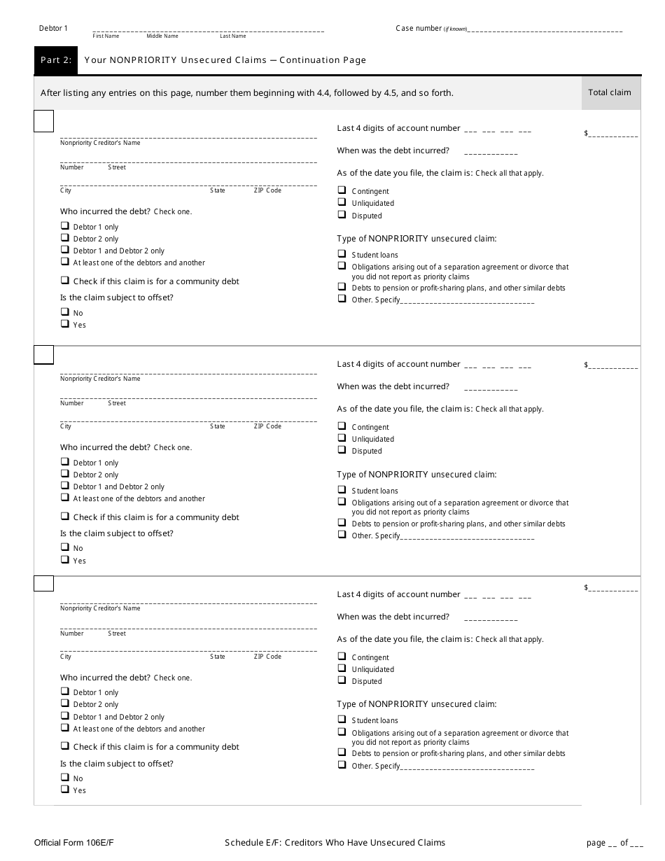 Official Form 106E / F Schedule E / F Creditors Who Have Unsecured Claims, Page 4