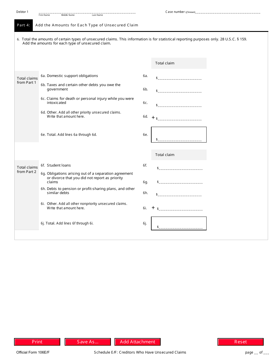 Official Form 106E / F Schedule E / F Creditors Who Have Unsecured Claims, Page 6