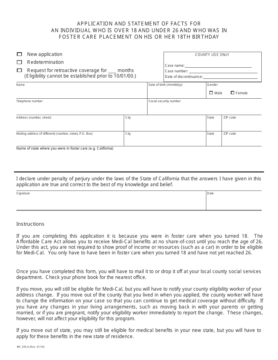 Form MC250A Application and Statement of Facts for an Individual Who Is Over 18 and Under 21 and Who Was in Foster Care Placement on His or Her 18th Birthday - California, Page 1