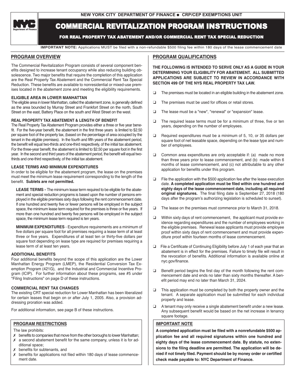Commercial Revitalization Program Instructions - New York City, Page 1