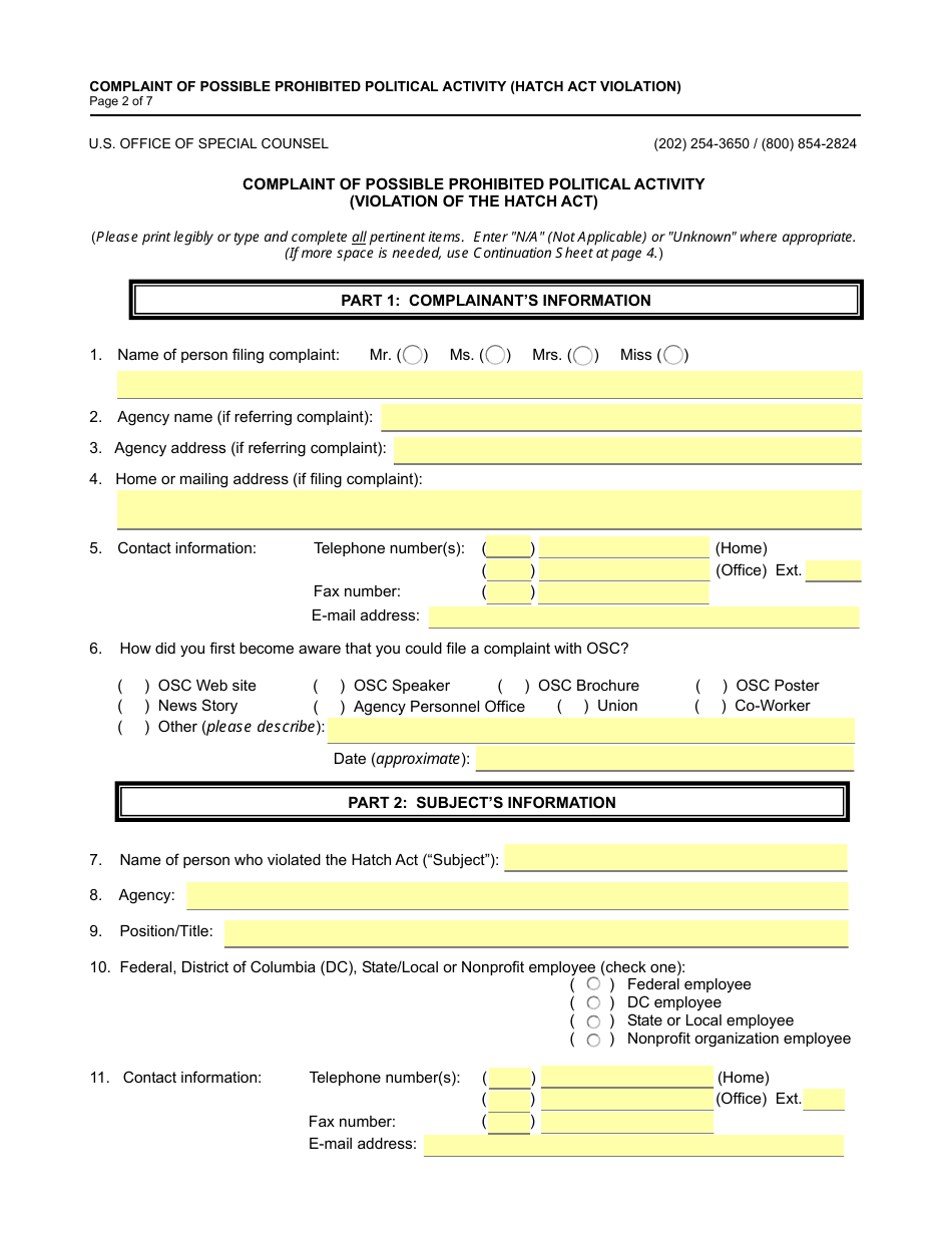 Form OSC-13 Complaint of Possible Prohibited Political Activity, Page 2