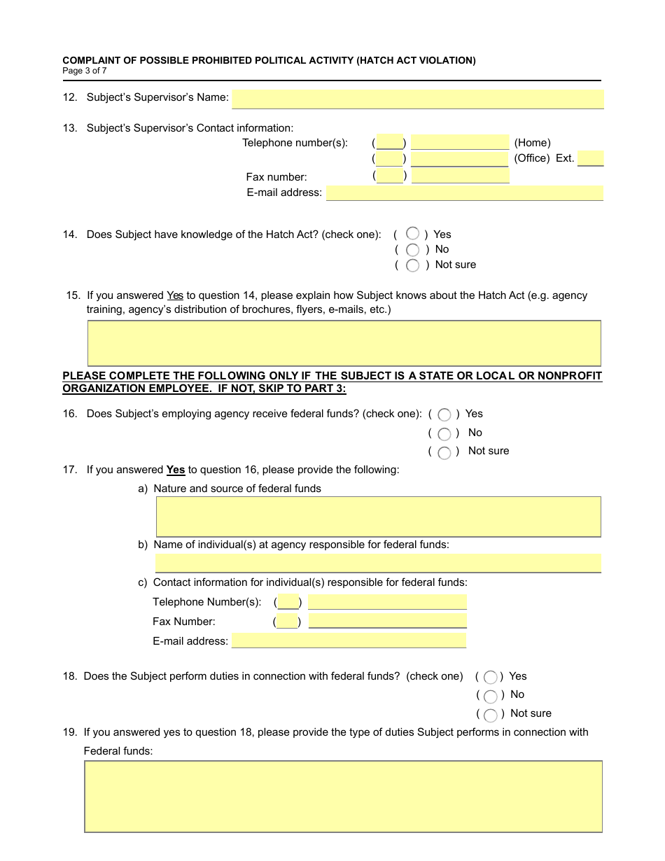 Form OSC-13 Complaint of Possible Prohibited Political Activity, Page 3