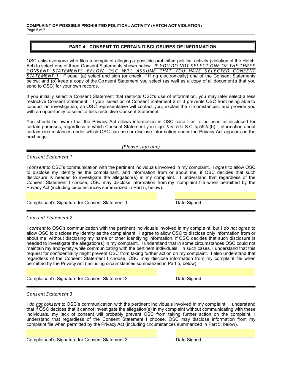 Form OSC-13 Complaint of Possible Prohibited Political Activity, Page 5