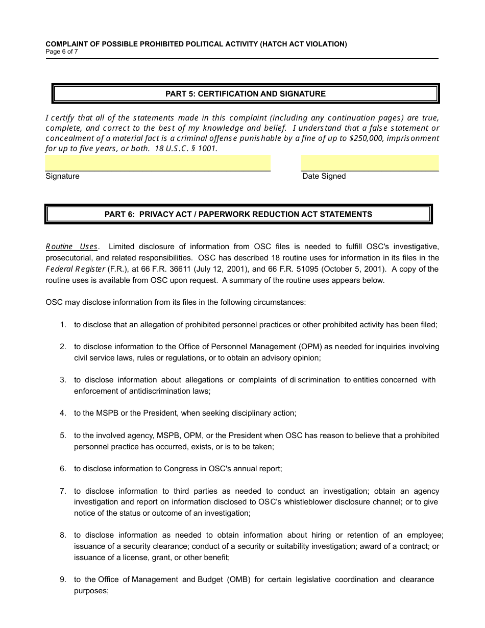 Form OSC-13 Complaint of Possible Prohibited Political Activity, Page 6