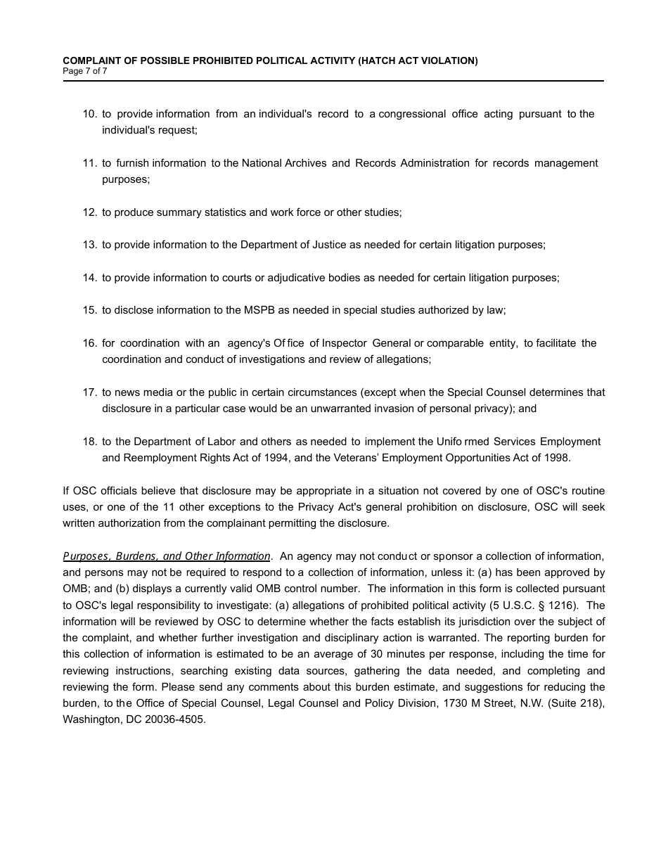 Form OSC-13 Complaint of Possible Prohibited Political Activity, Page 7