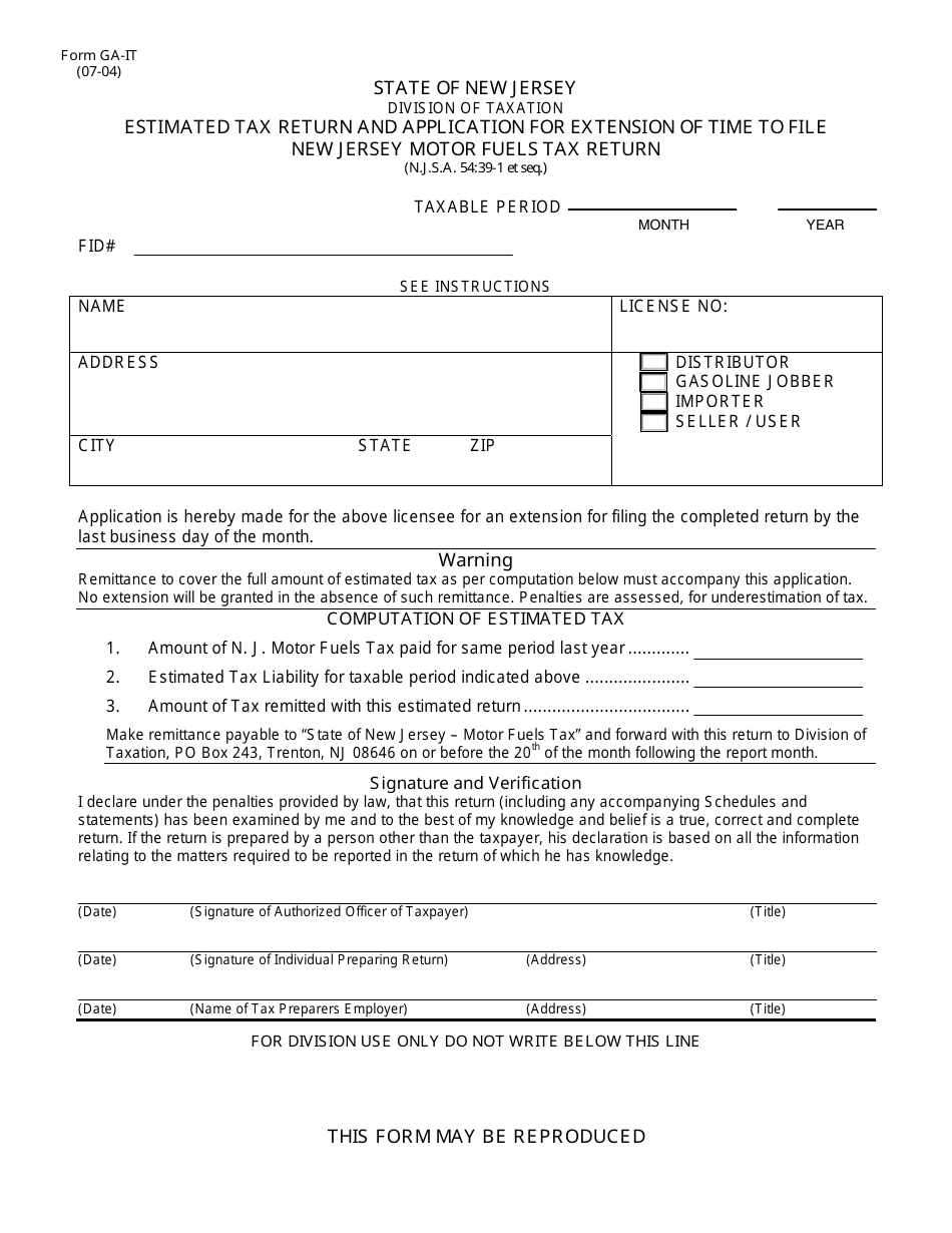 Form GA-IT Estimated Tax Return and Application for Extension of Time to File New Jersey Motor Fuels Tax Return - New Jersey, Page 1