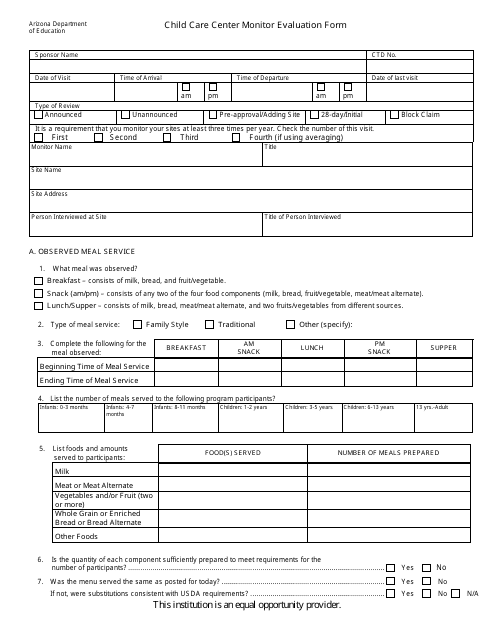 Child Care Center Monitor Evaluation Form - Arizona Download Pdf