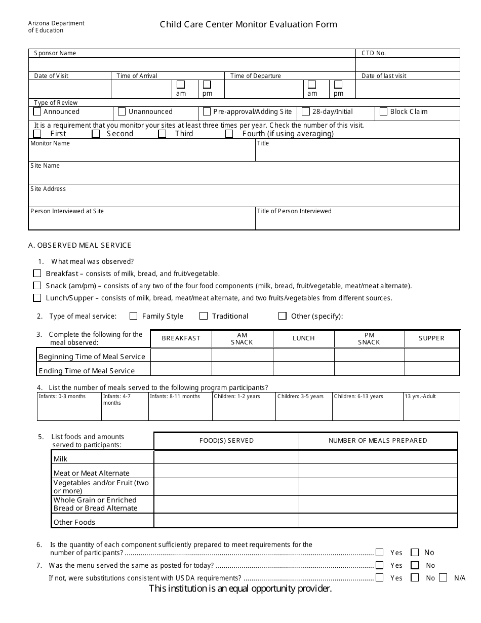Child Care Center Monitor Evaluation Form - Arizona, Page 1