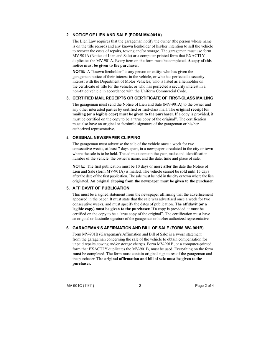 Form MV-901c Instructions and Requirements for Filing New York State Garagemans Liens - New York, Page 2