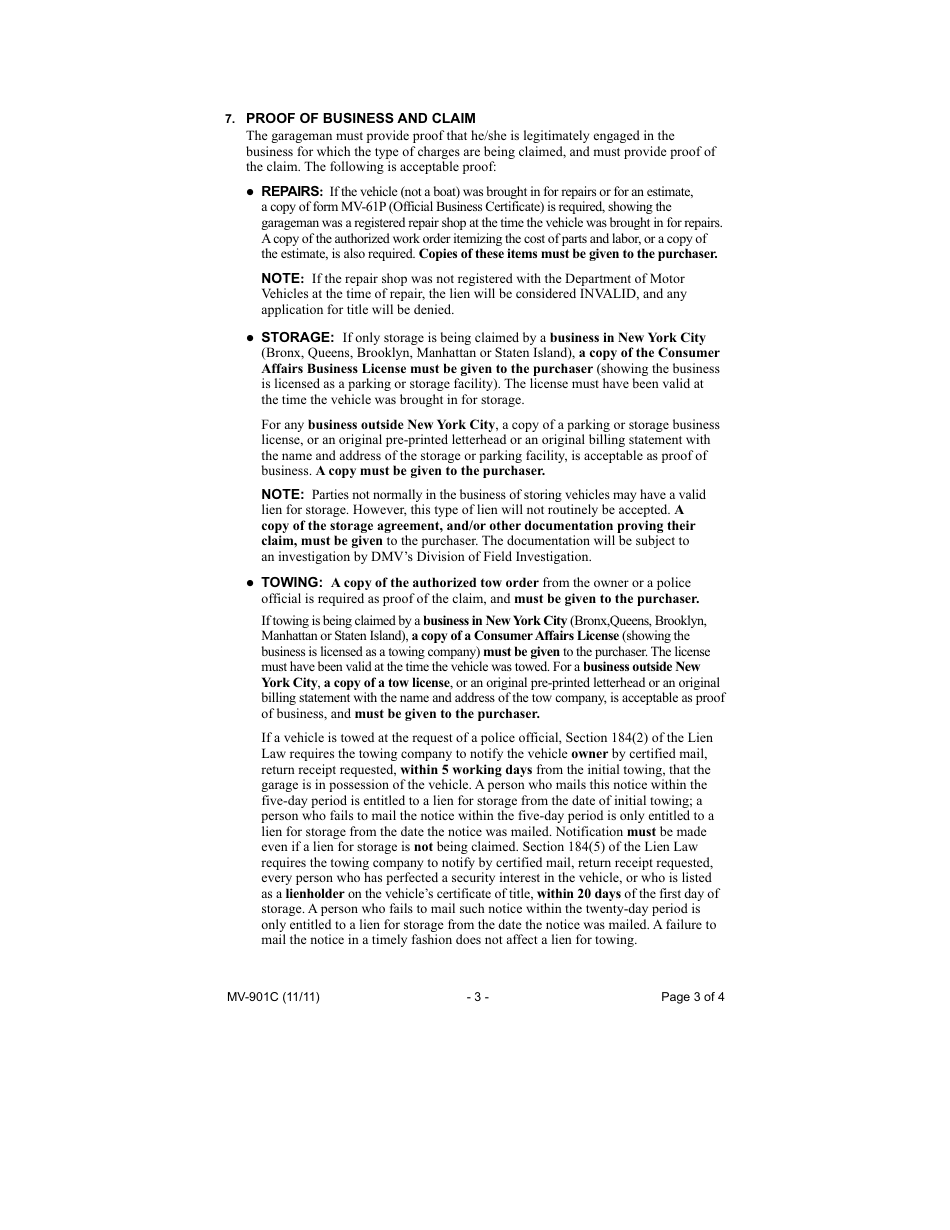 Form MV-901c Instructions and Requirements for Filing New York State Garagemans Liens - New York, Page 3
