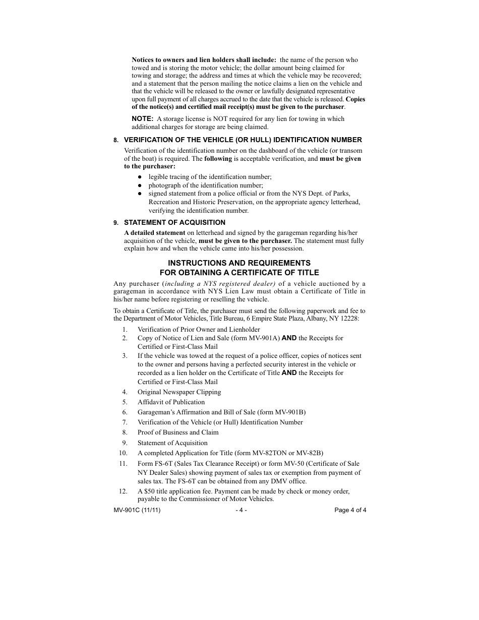 Form MV-901c Instructions and Requirements for Filing New York State Garagemans Liens - New York, Page 4
