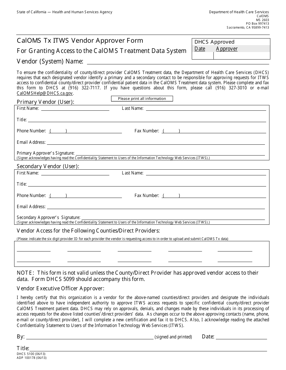 Form DHCS5100 Caloms Tx Itws Vendor Approver Form for Granting Access to the Caloms Treatment Data System - California, Page 1