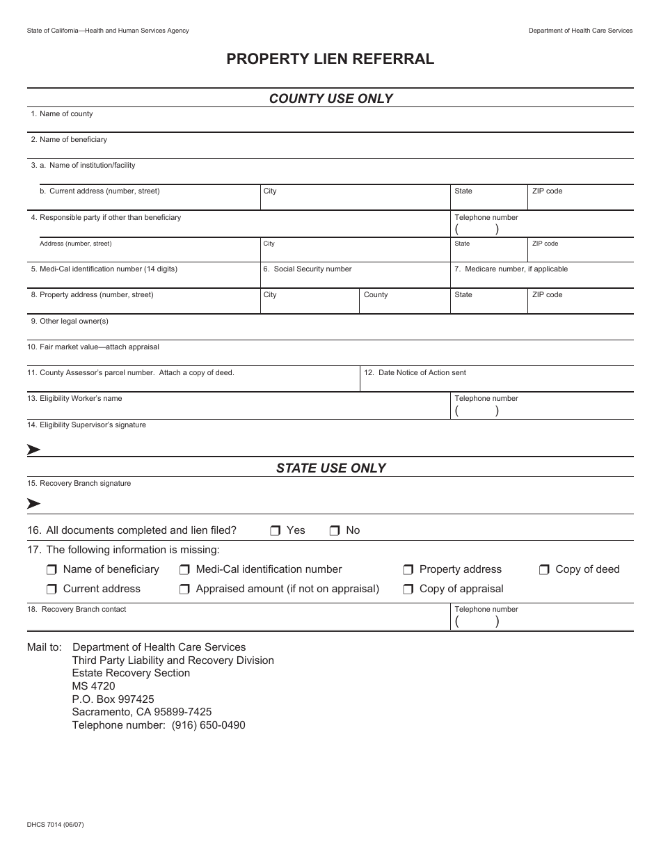 Form DHCS7014 Property Lien Referral - California, Page 1