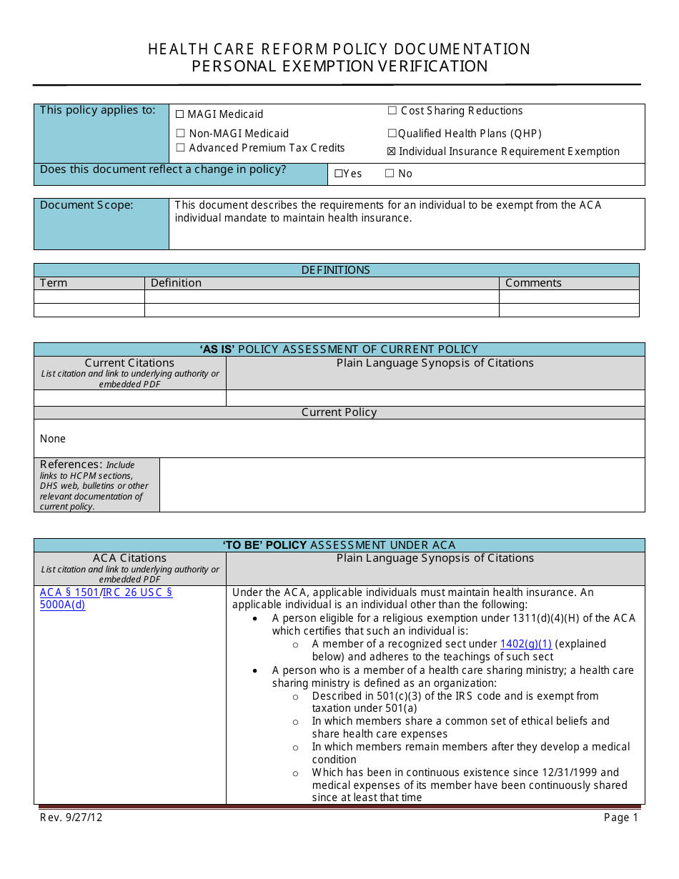 Minnesota Health Care Reform Policy Documentation - Personal Exemption ...