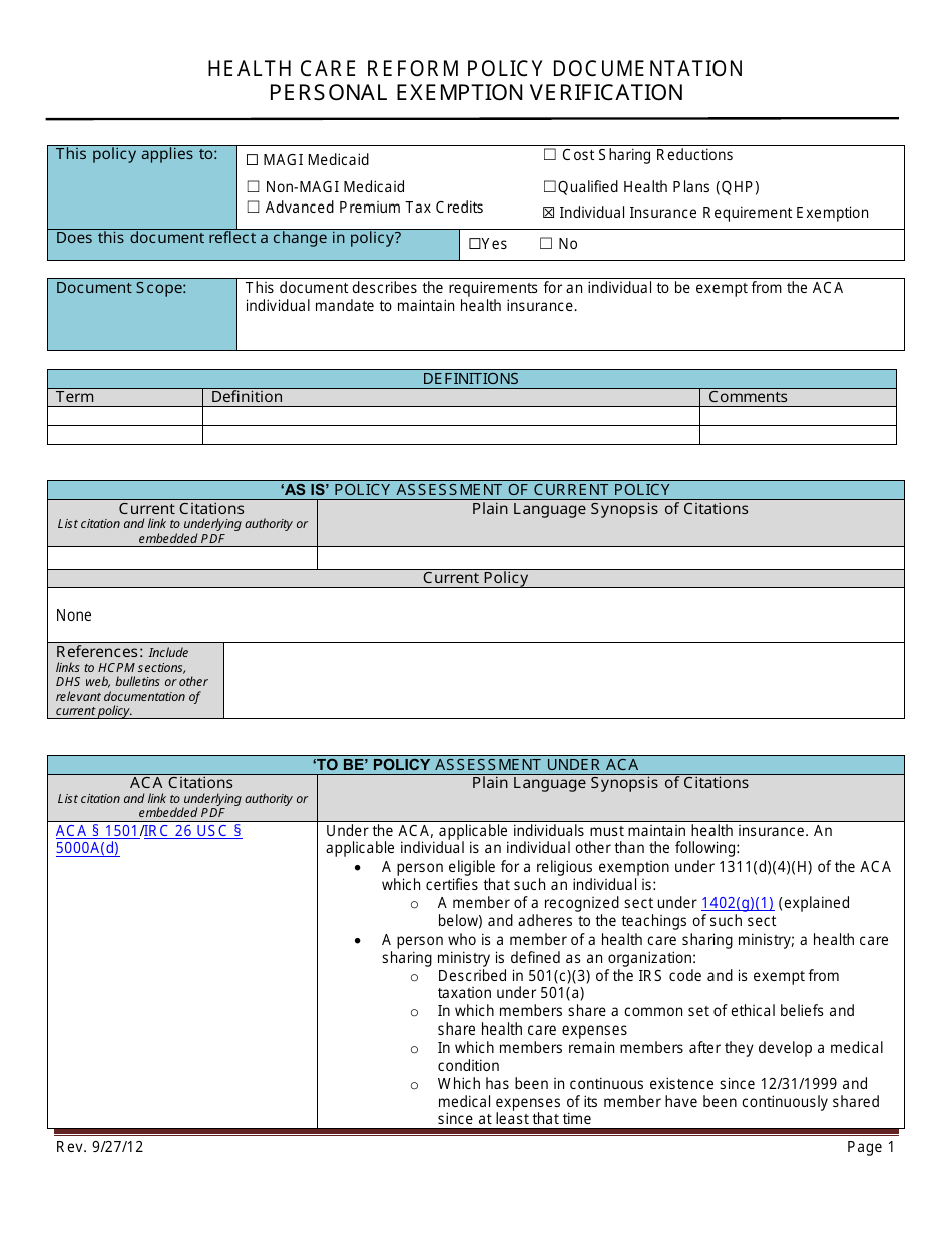 Health Care Reform Policy Documentation - Personal Exemption Verification - Minnesota, Page 1