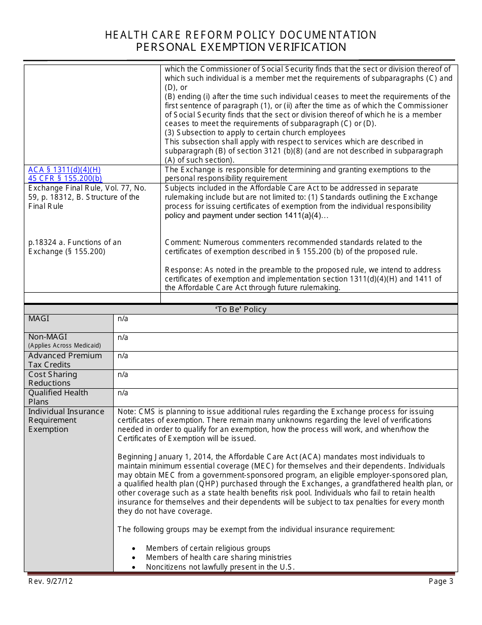 Health Care Reform Policy Documentation - Personal Exemption Verification - Minnesota, Page 3