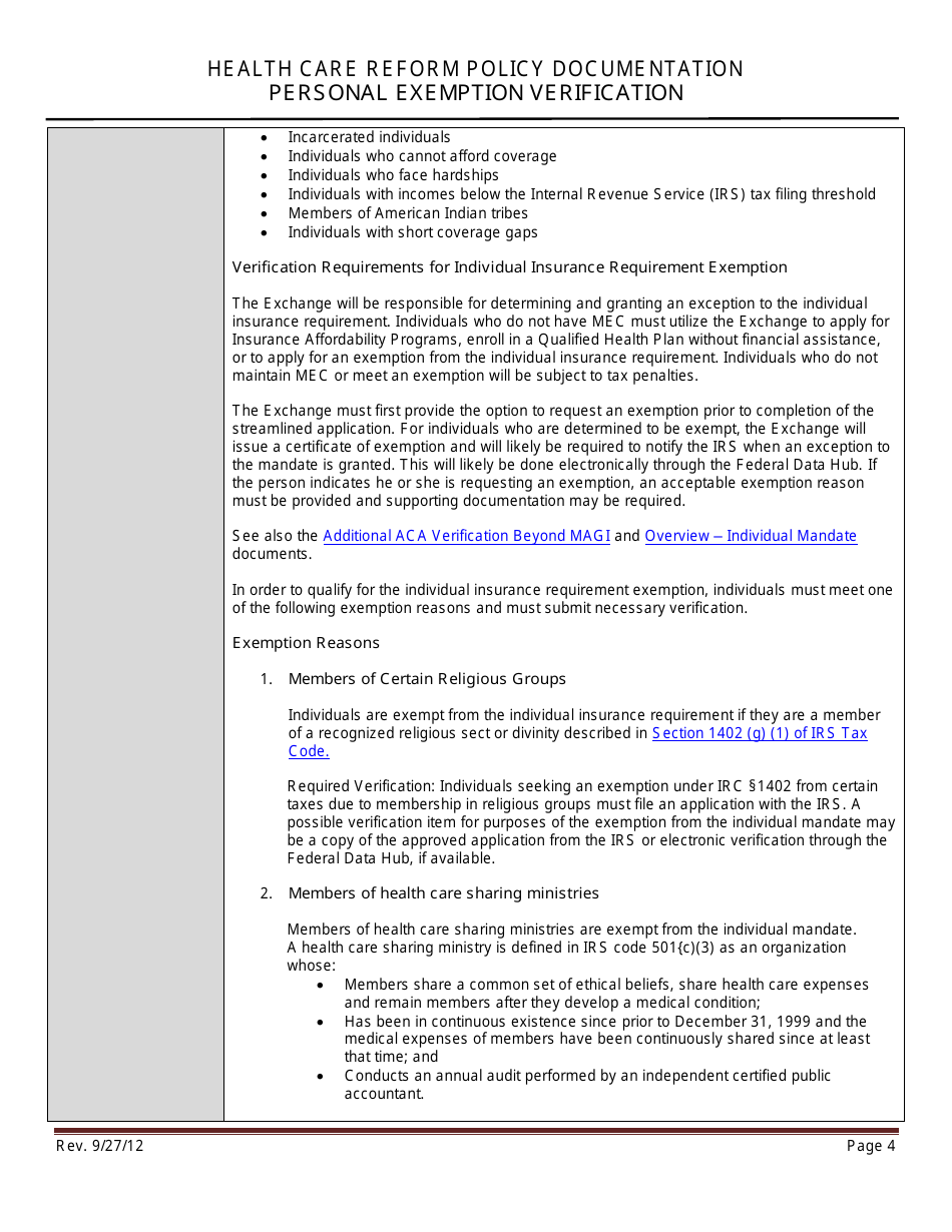 Health Care Reform Policy Documentation - Personal Exemption Verification - Minnesota, Page 4