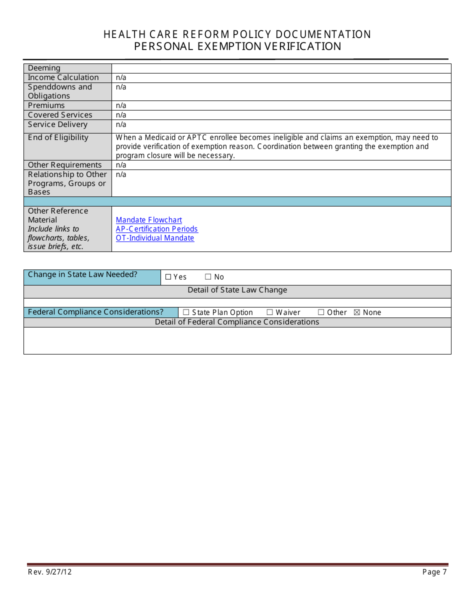 Health Care Reform Policy Documentation - Personal Exemption Verification - Minnesota, Page 7