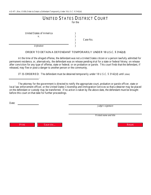Form AO471 Order to Detain a Defendant Temporarily Under 18 U.s.c. 3142(D)