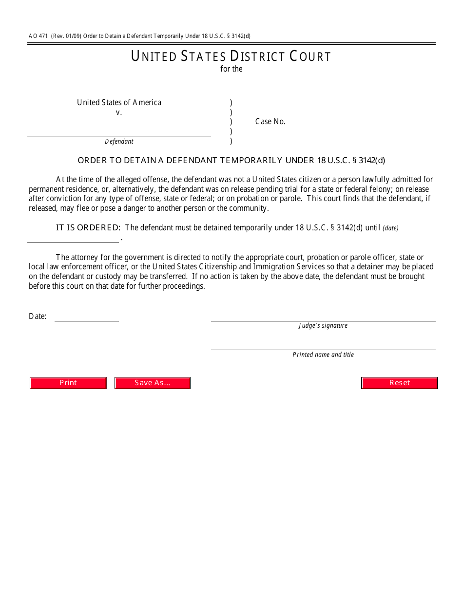 Form AO471 Order to Detain a Defendant Temporarily Under 18 U.s.c. 3142(D), Page 1