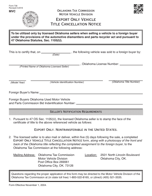 OTC Form 730 Export Only Vehicle Title Cancellation Notice - Oklahoma