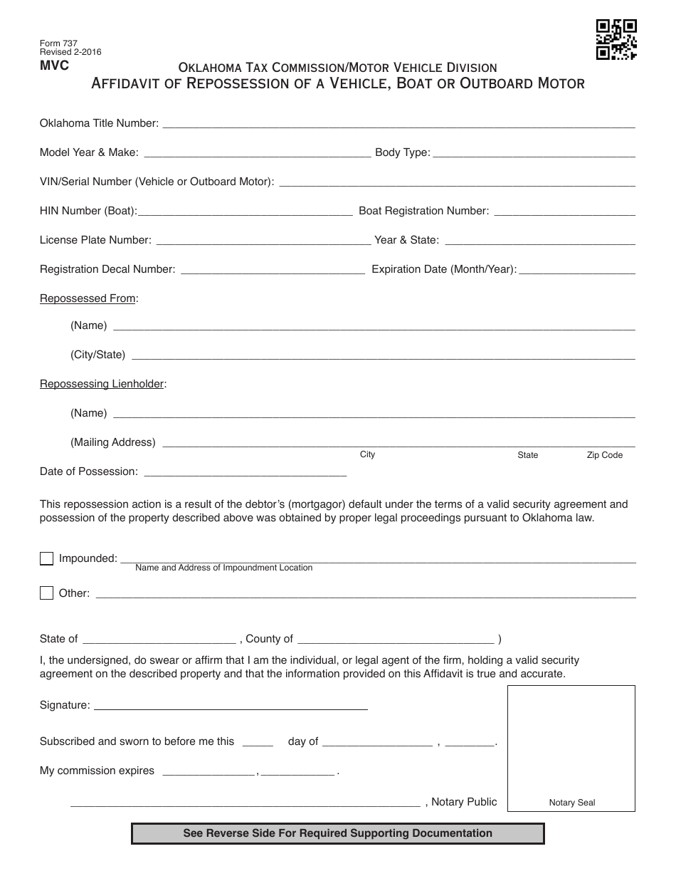 OTC Form 737 Affidavit of Repossession of a Vehicle, Boat or Outboard Motor - Oklahoma, Page 1
