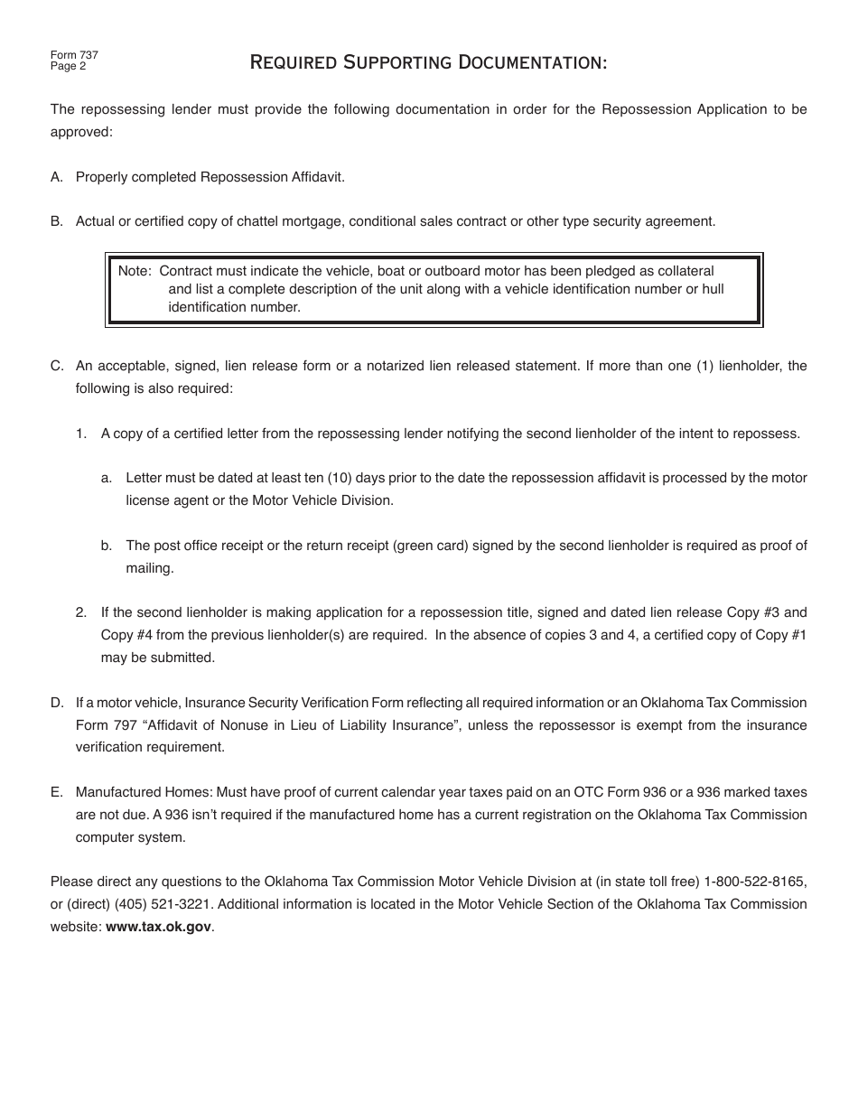 OTC Form 737 Affidavit of Repossession of a Vehicle, Boat or Outboard Motor - Oklahoma, Page 2