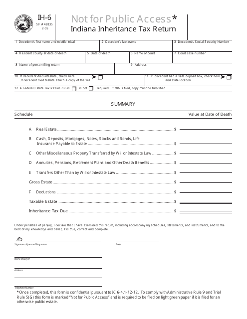 Form IH-6 Indiana Inheritance Tax Return - Indiana