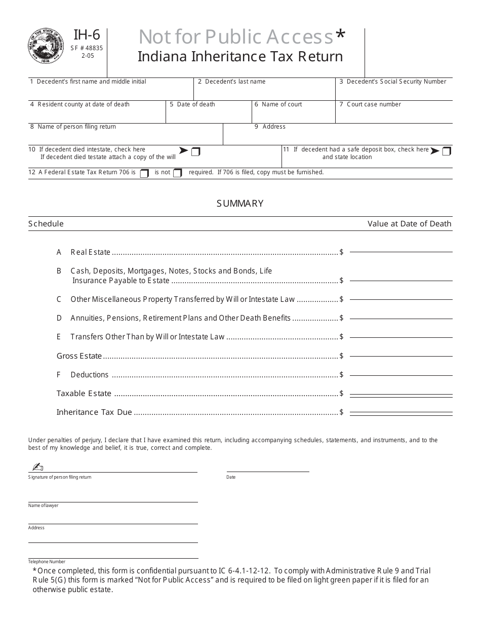 Form IH-6 Indiana Inheritance Tax Return - Indiana, Page 1