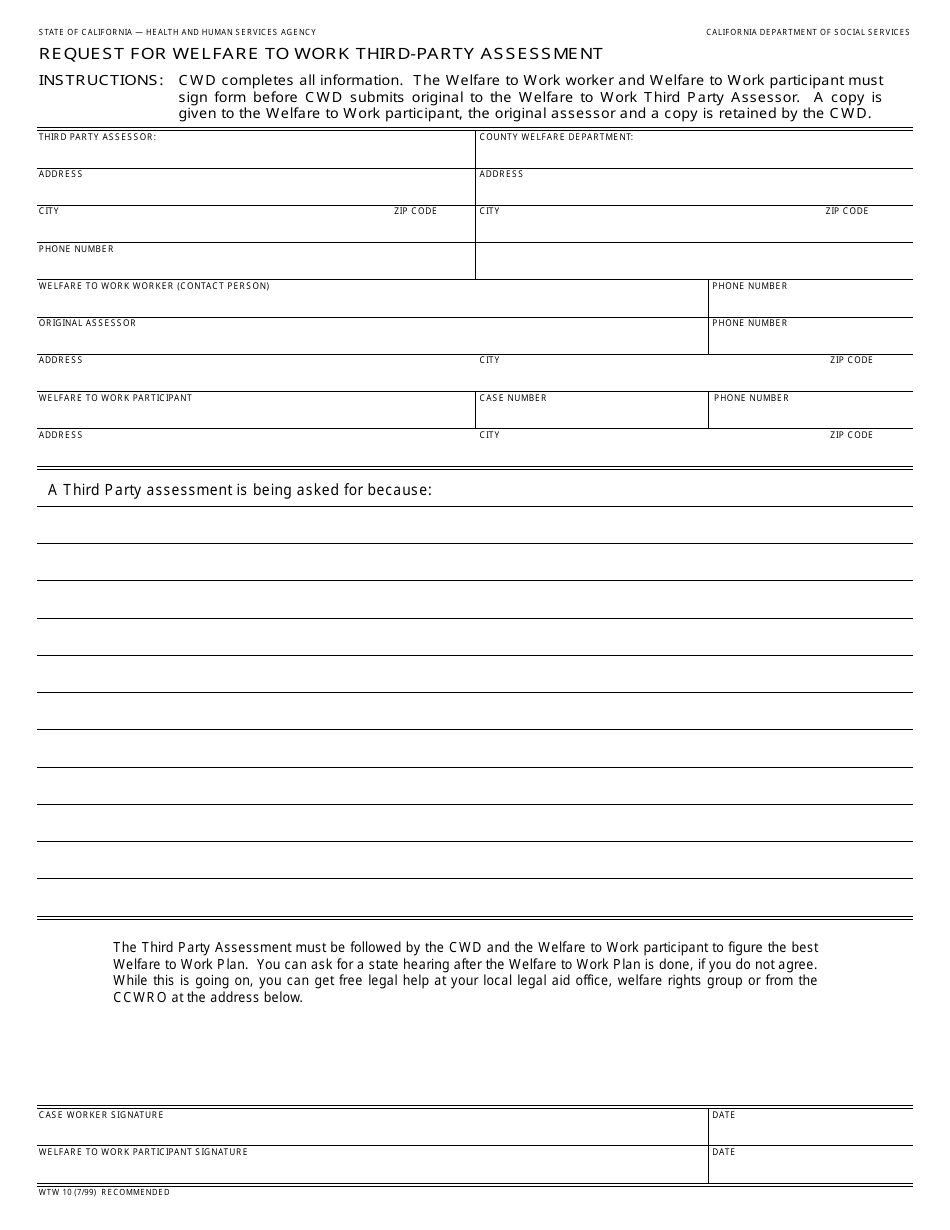 Form WTW10 Request for Welfare to Work Third-Party Assessment - California, Page 1