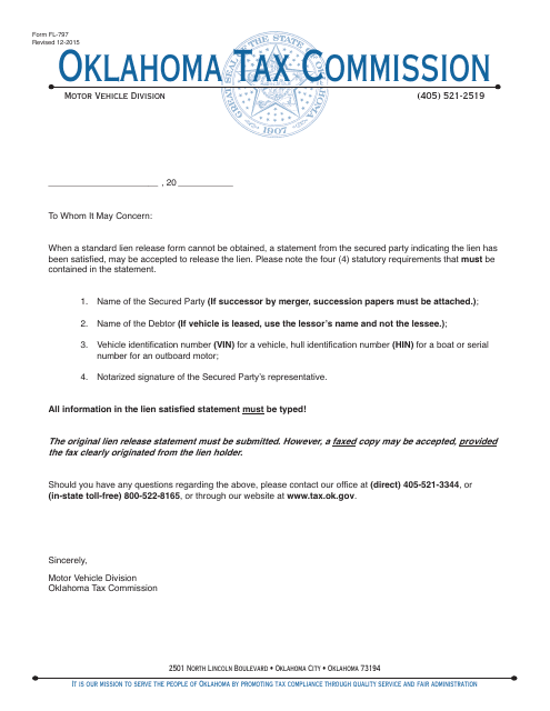 OTC Form FL-797 Lien Release Affidavit Letter - Oklahoma