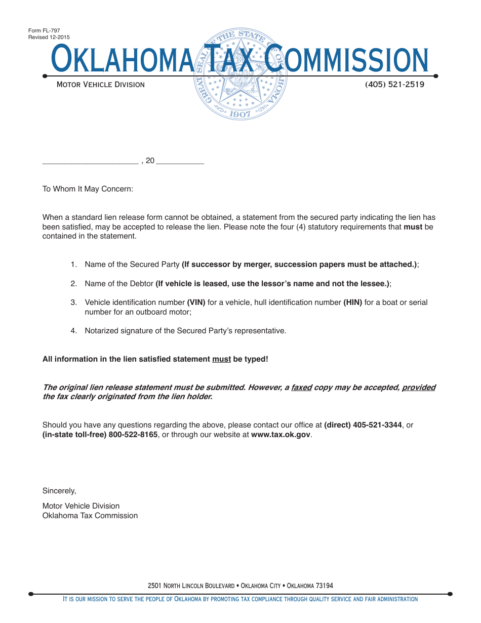 OTC Form FL-797 Lien Release Affidavit Letter - Oklahoma, Page 1