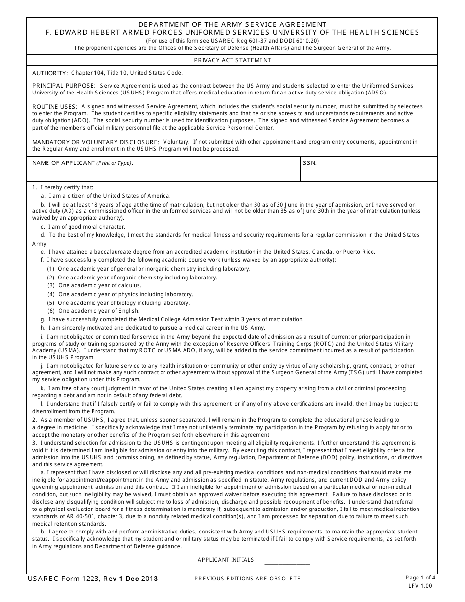 USAREC Form 1223 Department of the Army Service Agreement F. Edward Hebert Armed Forces Uniformed Services University of the Health Sciences, Page 1