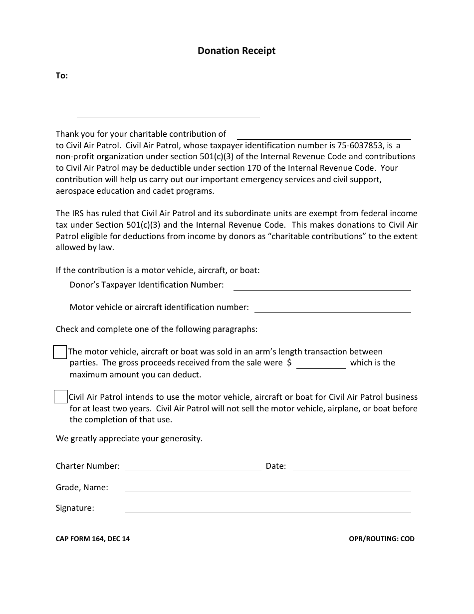 CAP Form 164 Donation Receipt, Page 1