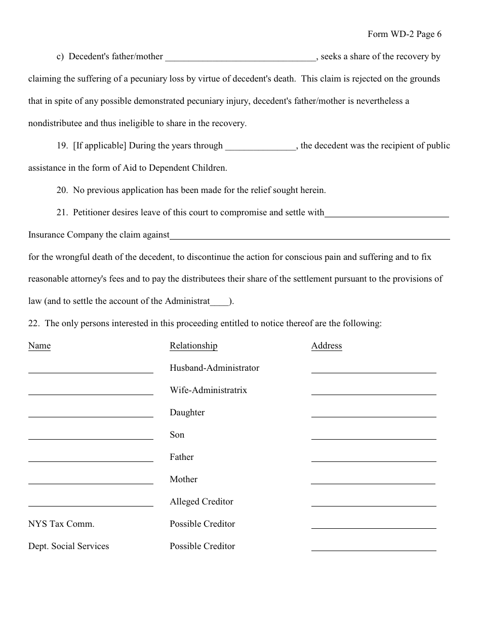 Form WD-2 Wrongful Death Petition - New York, Page 6