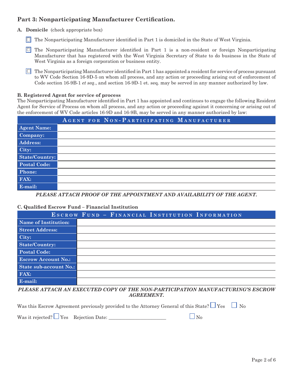 Certification of Tobacco Product Manufacturer That Has Not Signed Master Settlement Agreement - West Virginia, Page 2