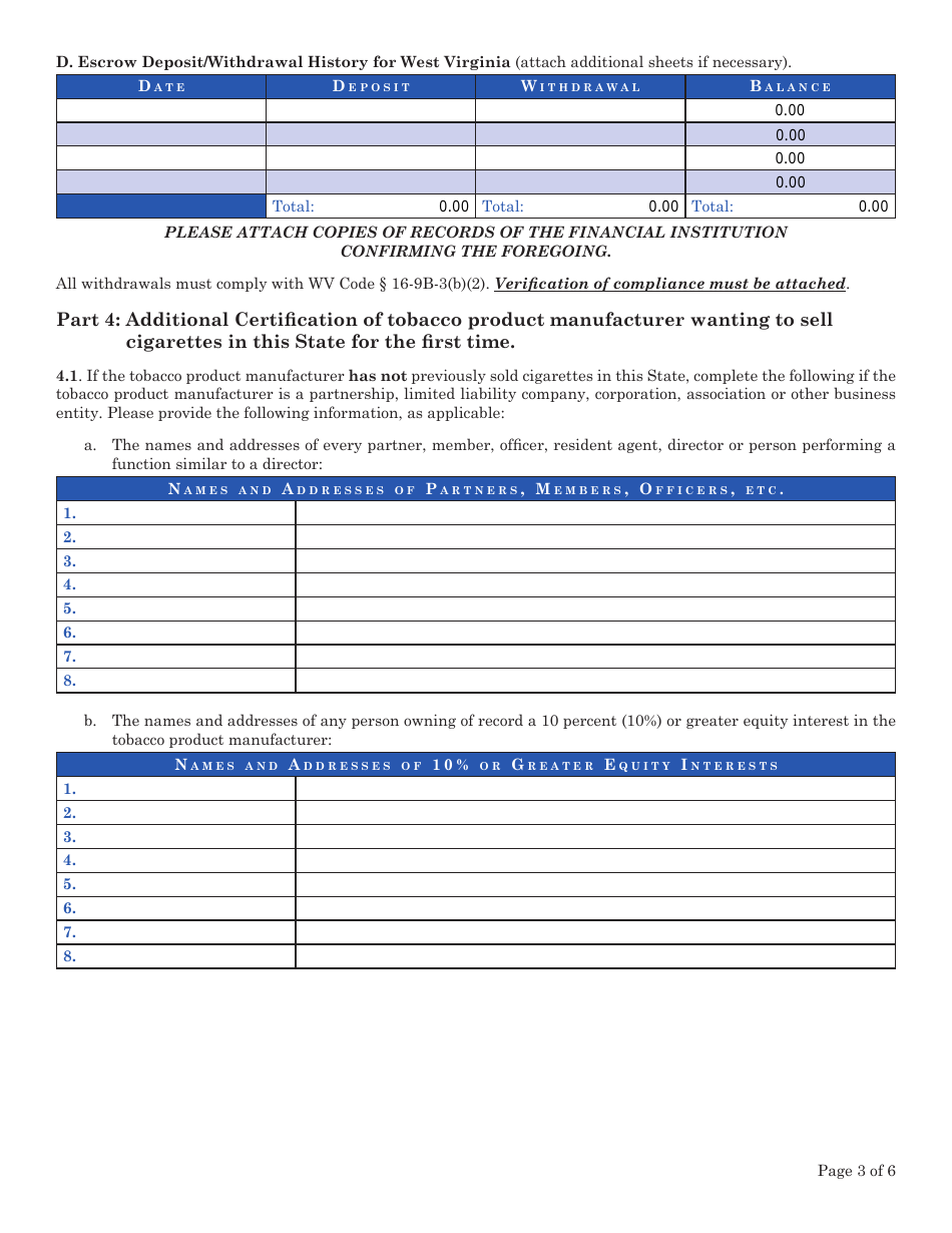 Certification of Tobacco Product Manufacturer That Has Not Signed Master Settlement Agreement - West Virginia, Page 3