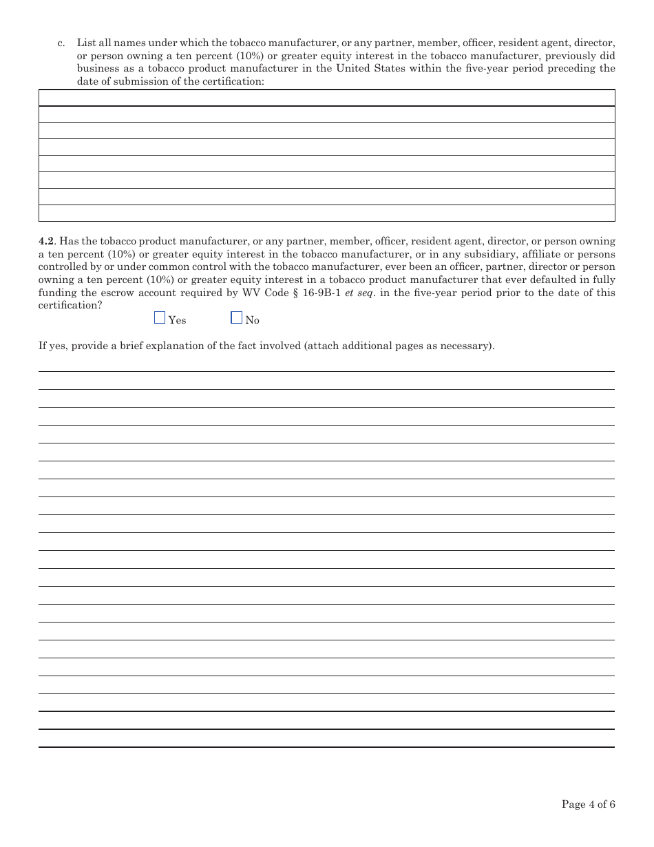 Certification of Tobacco Product Manufacturer That Has Not Signed Master Settlement Agreement - West Virginia, Page 4