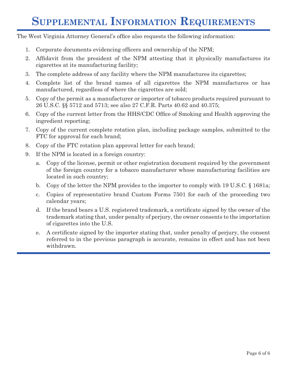Certification of Tobacco Product Manufacturer That Has Not Signed Master Settlement Agreement - West Virginia, Page 6
