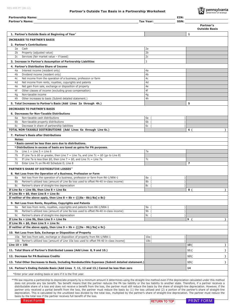 Form REV-999 Partners Outside Tax Basis in a Partnership Worksheet - Pennsylvania, Page 1