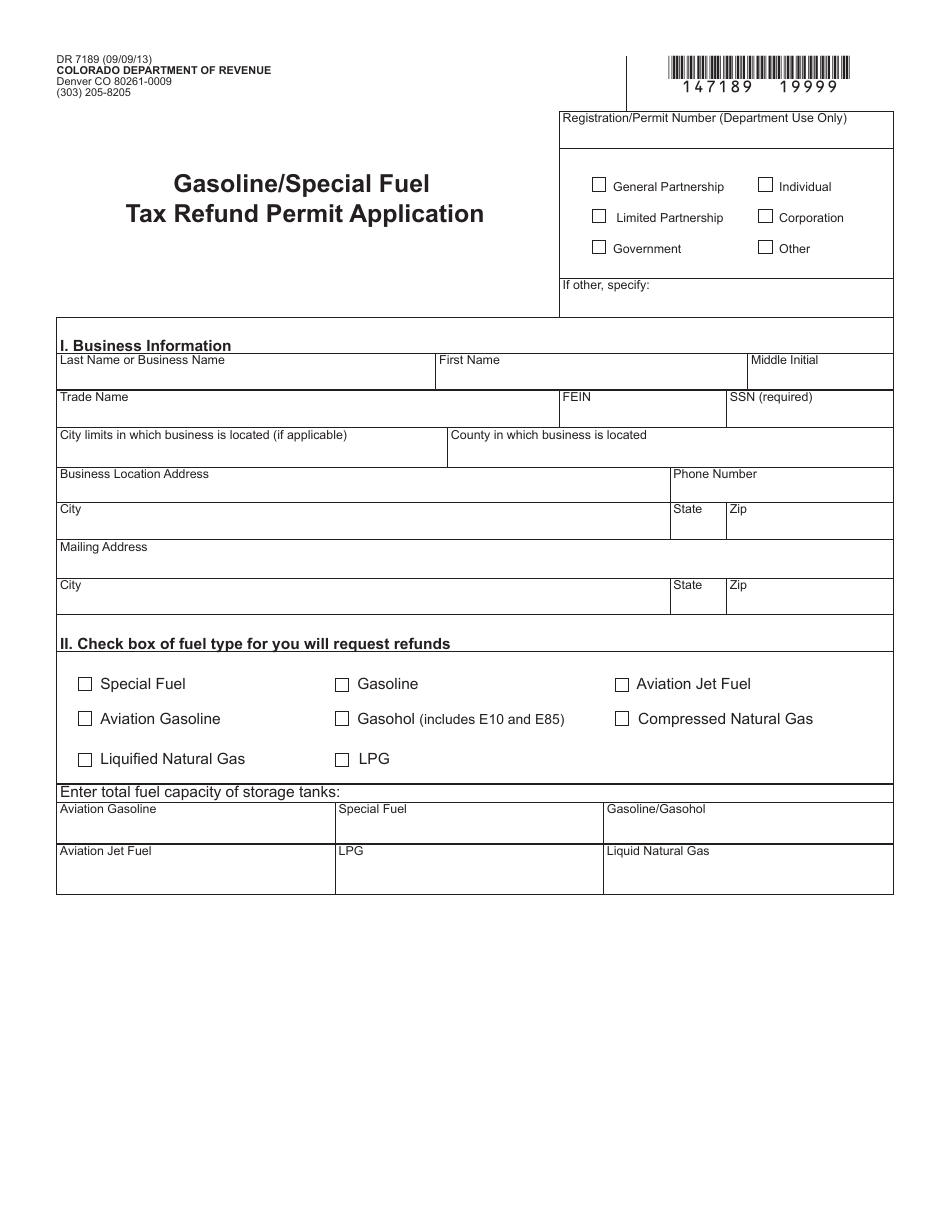 Form DR7189 Gasoline/Special Fuel Tax Refund Permit Application - Colorado, Page 1