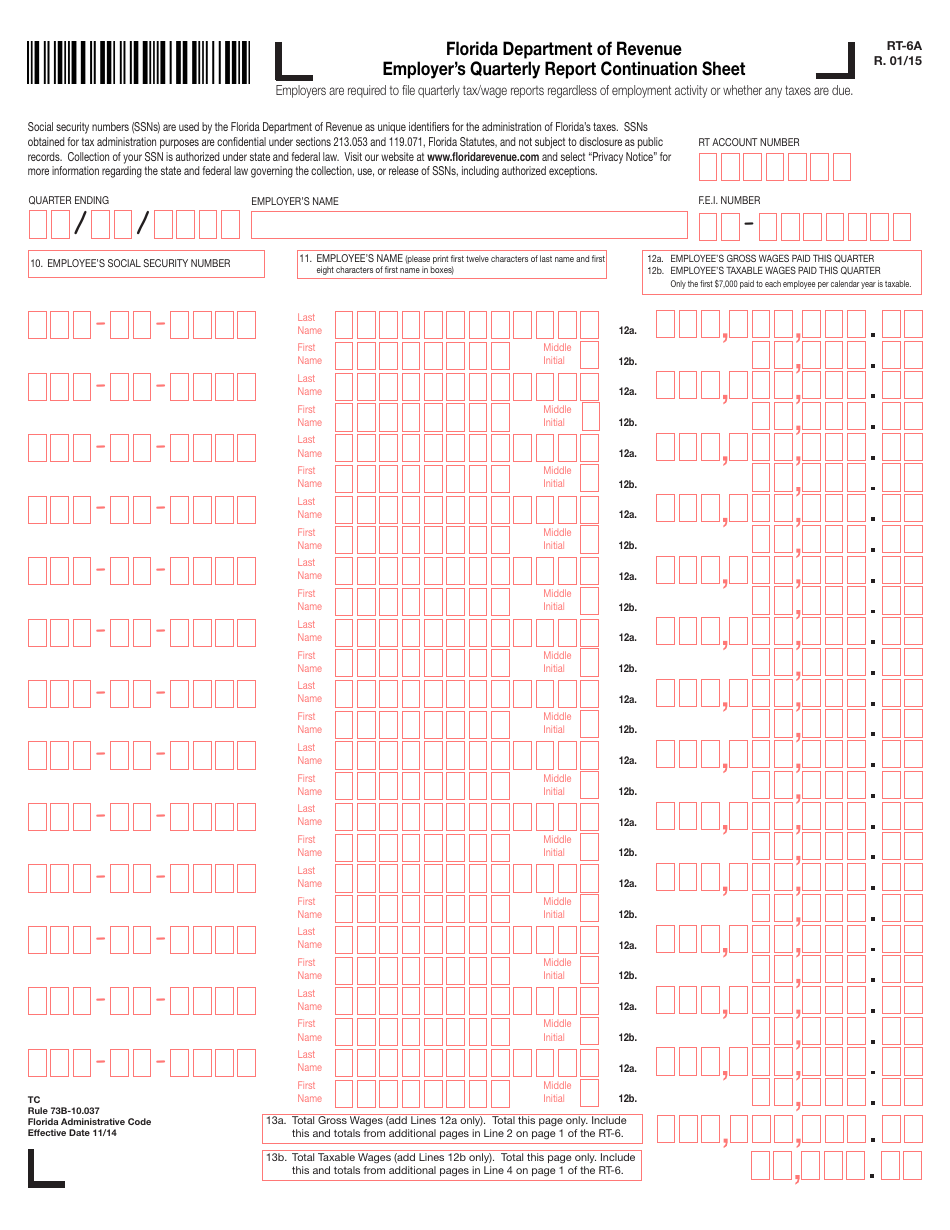 Form RT-6a Employers Quarterly Report Continuation Sheet - Florida, Page 1