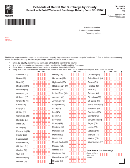 Form DR-15sws Schedule of Rental Car Surcharge by County - Florida