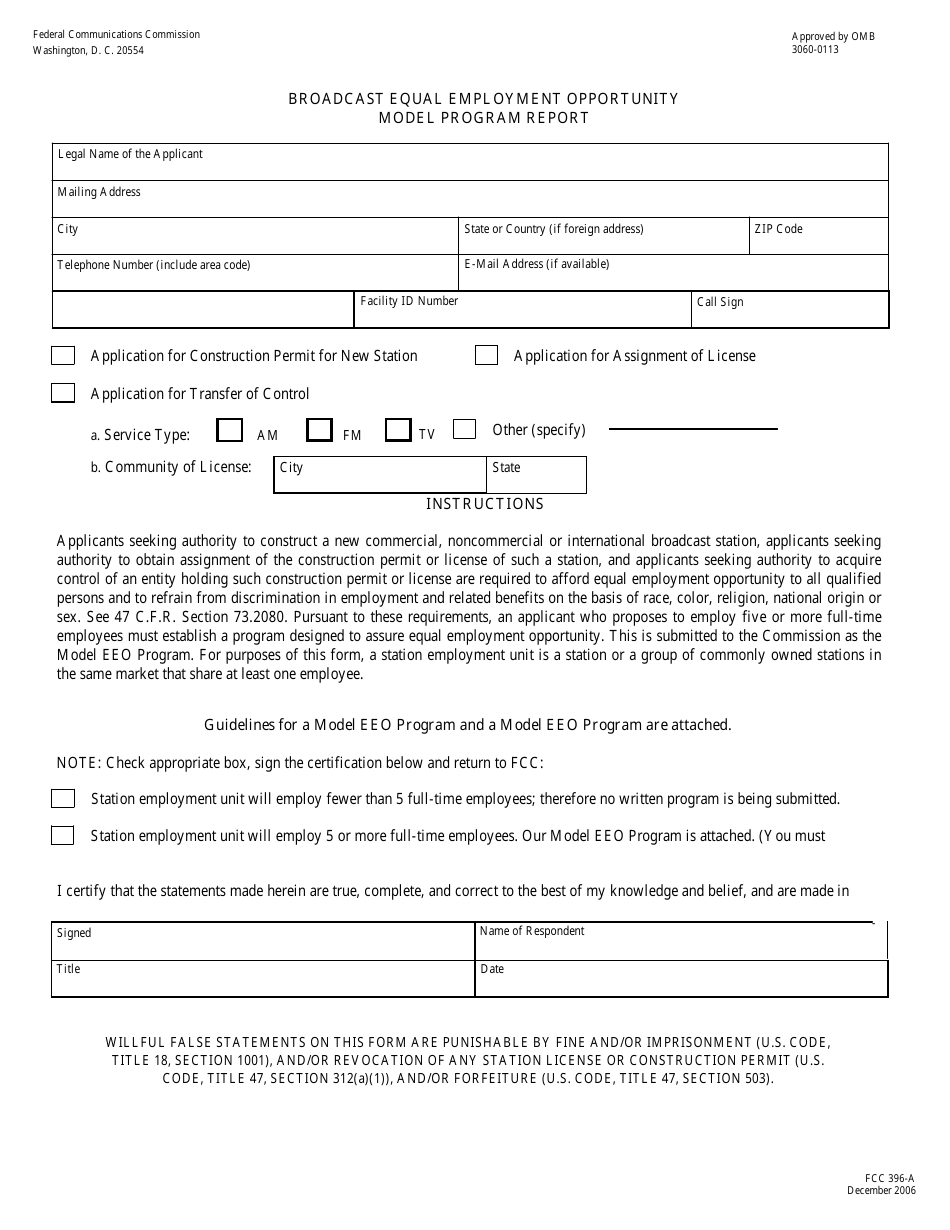 FCC Form 396-A Broadcast Equal Employment Opportunity Model Program Report, Page 1