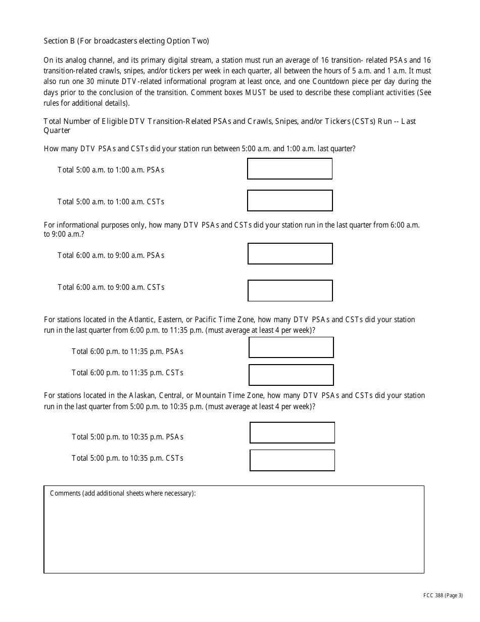 FCC Form 388 Dtv Quarterly Activity Station Report, Page 3