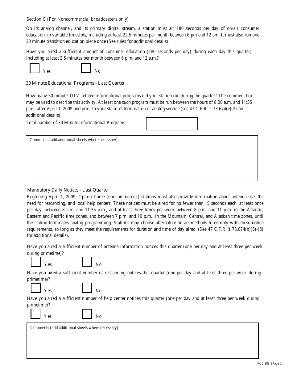 FCC Form 388 Dtv Quarterly Activity Station Report, Page 5