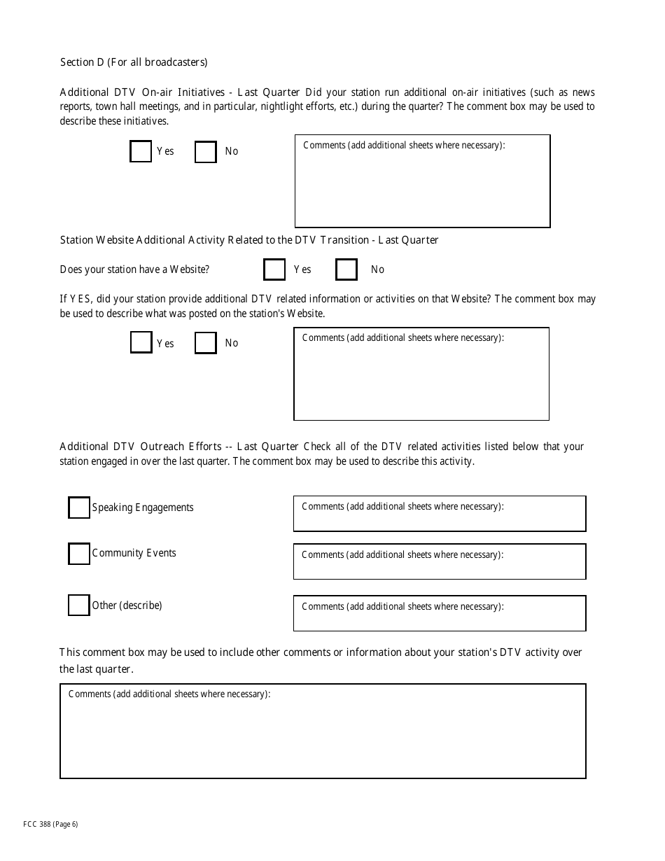 FCC Form 388 Dtv Quarterly Activity Station Report, Page 6
